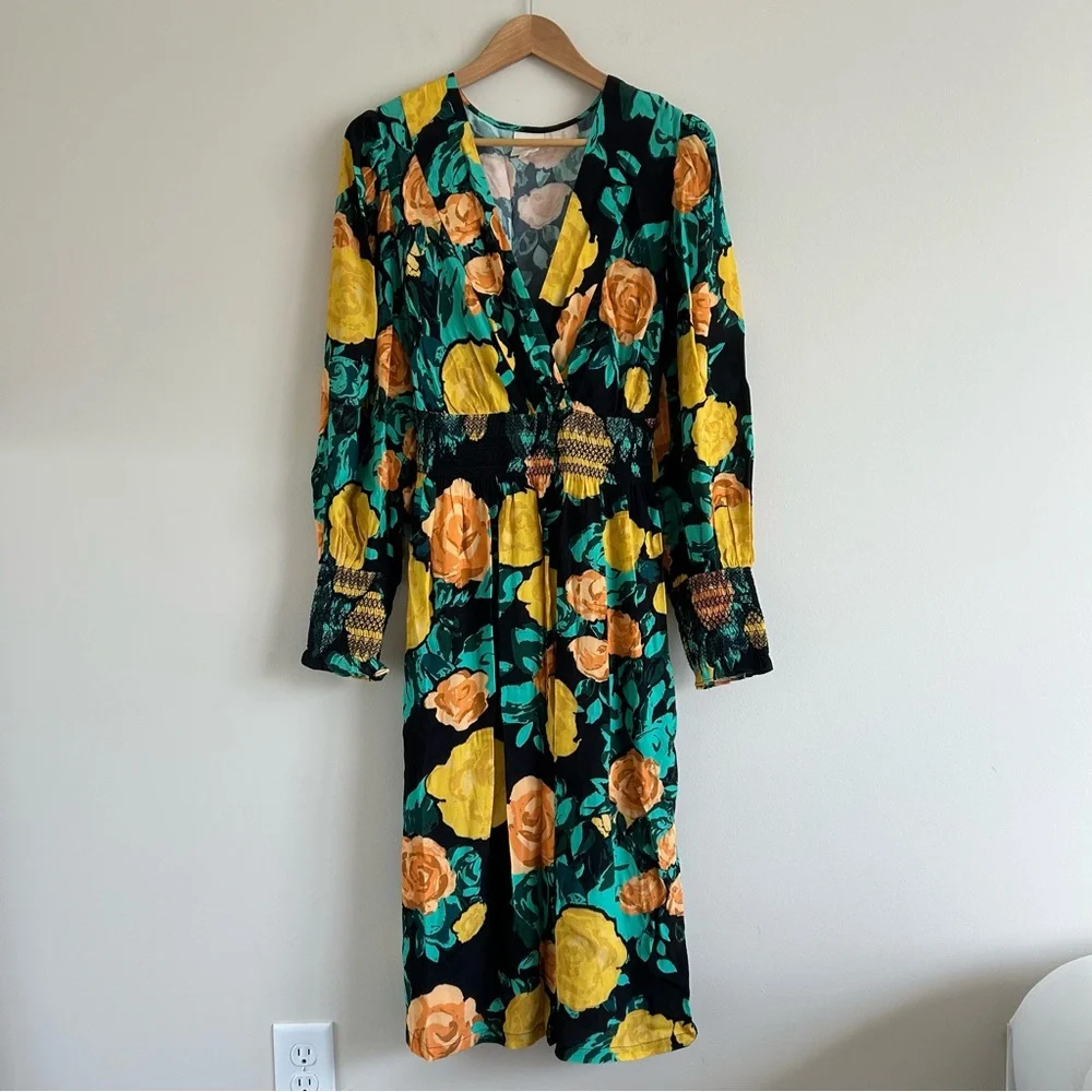 Anthropologie Floral Tie Back Midi Dress Green Long Sleeve V-Neck - Picture 3 of 9